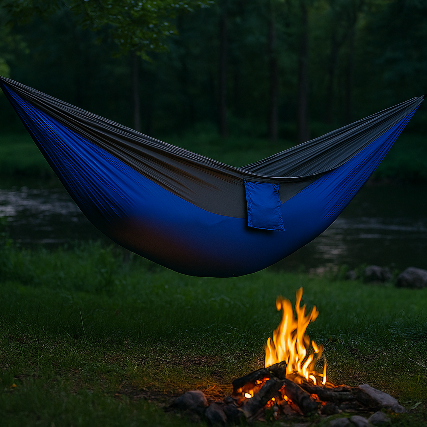 Hamac coloré suspendu près d'une rivière avec un feu de camp, parfait pour se détendre dans la nature.
