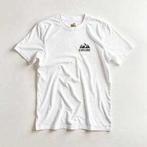T-shirt montagne Explore blanc- Plein air - camping au Québec - Sans destination fixe
