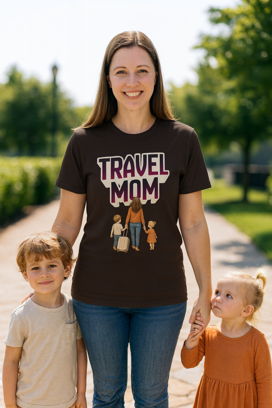 Chandail - Travel Mom illustrant une maman et ses enfants prêts pour un voyage, portant le texte 'TRAVEL MOM' sur un fond noir.